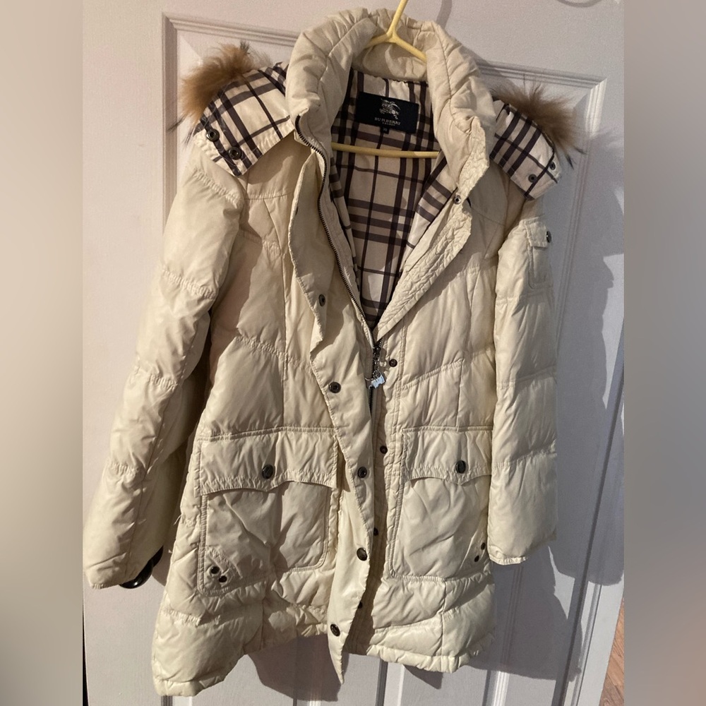 Burberry Beige Puffer Jacket with Plaid Lining